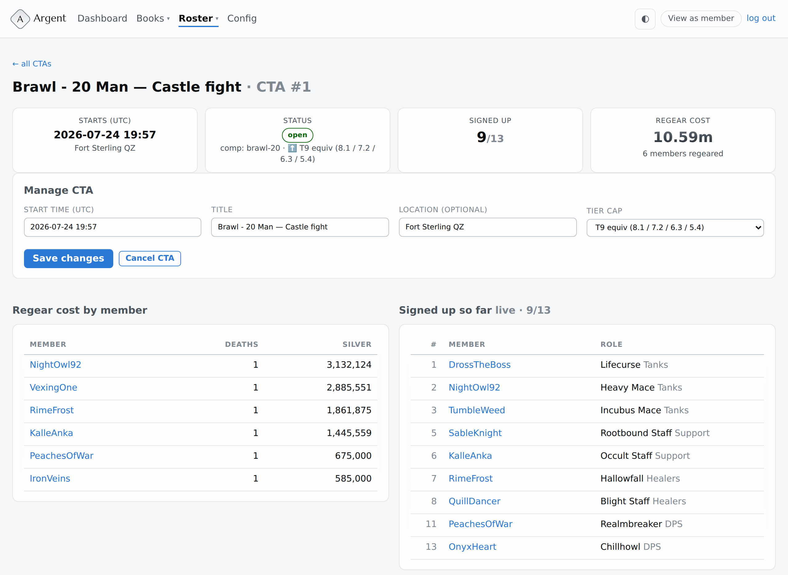 Argent's call-to-arms screen for “Brawl - 20 Man — Castle fight”: start time and location, an open status with the comp and a T9-equivalent tier cap, 9 of 13 signed up, and a 10.59m regear cost across 6 members; below, a per-member regear cost table next to the live signup roster with each member's weapon and role — tanks, support, healers and damage.